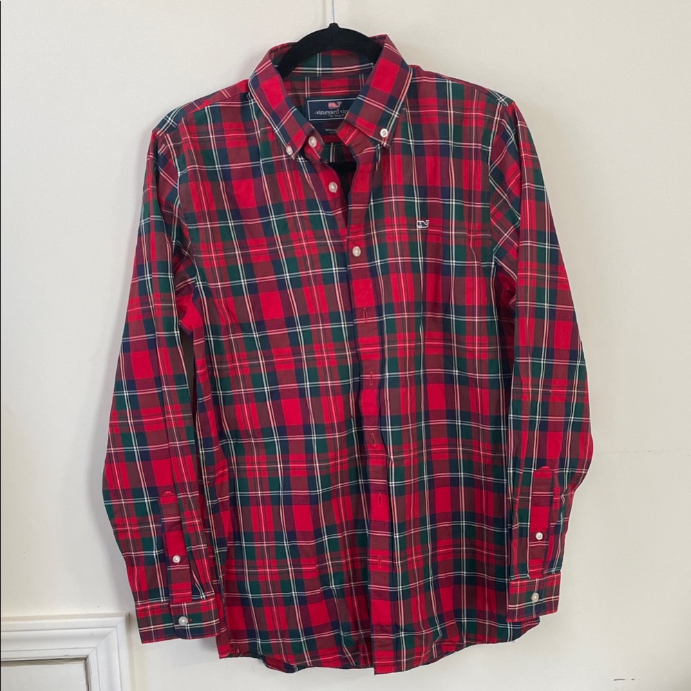 Boys Vineyard Vines Red and Green Plaid Shirt